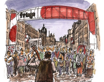 A street performer entertains the crowd on Edinburgh's Royal Mile during the Edinburgh Fringe. Print from an original watercolour sketch.