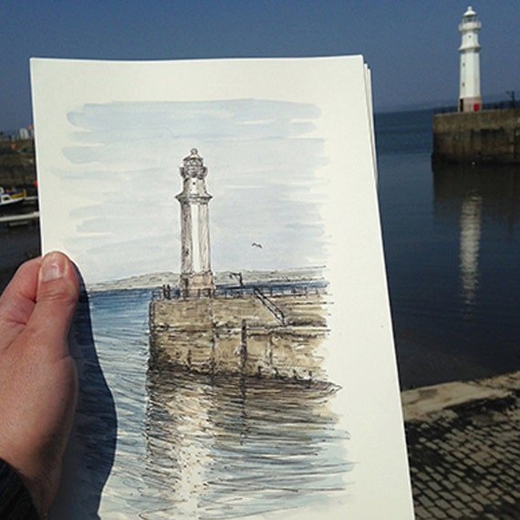 スコットランド、エディンバラのニューヘイブン灯台。港。現地で描かれ