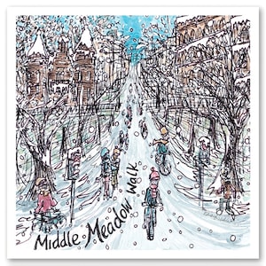 Snow on Middle Meadow Walk, Edimburgo, Scozia - Un biglietto di auguri quadrato singolo 14 cm x 14 cm con busta bianca e manica riciclabile.