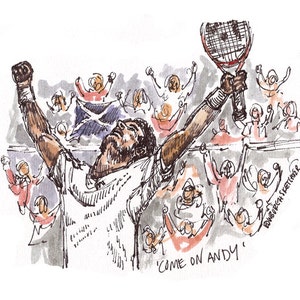 Stampa autografata da Andy Murray da un'illustrazione originale a inchiostro e acquerello. Fornita con supporto in cartoncino e custodia protettiva.