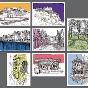 8 postales ilustradas de Edimburgo. Paquete de 8 postales ilustradas diferentes en tamaño A6 (105 x 148 mm)