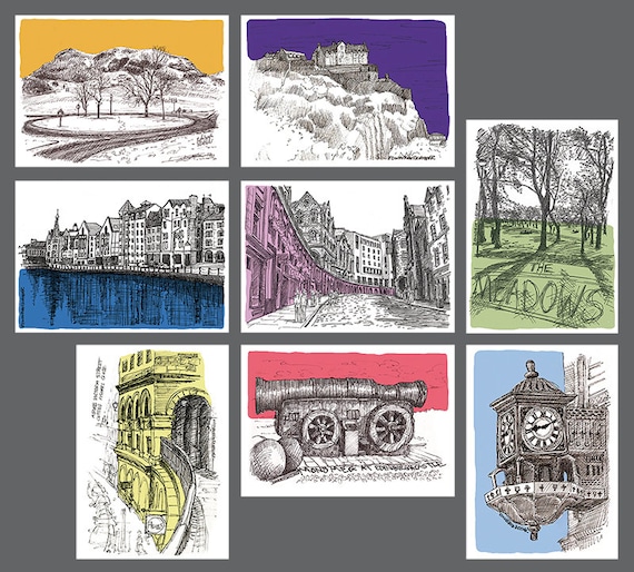 8 Edinburgh illustrated postcards.  Pack of 8 different A6 (105x148mm) ink drawn cards on high quality card.