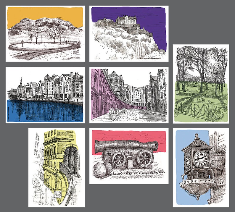 Puede incluir: Un conjunto de 10 postales ilustradas con diferentes escenas de Edimburgo, Escocia. Las postales incluyen im&aacute;genes del Castillo de Edimburgo, los Meadows, el Royal Mile y otros monumentos. Las postales est&aacute;n impresas en cartulina de alta calidad y son perfectas para enviar a amigos y familiares.