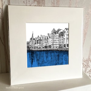 The Shore, Edinburgh with blue section. A signed, mounted print of an ink sketch created in Edinburgh. Scotland