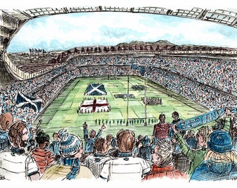 Murrayfield Stadium, Edinburgh, Scotland for a Scotland Six Nations match. Signed print now available with different opposition teams.