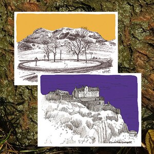 Puede incluir: Dos dibujos en tinta negra y blanca sobre papel blanco. El dibujo superior muestra una colina con &aacute;rboles y un cielo amarillo. El dibujo inferior muestra un edificio en un acantilado con un cielo morado.