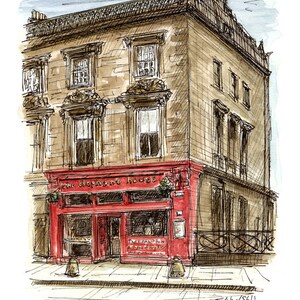 Può includere: Un'illustrazione ad acquerello di un edificio con una vetrina rossa che dice "The Elephant House". L'edificio è marrone con finiture bianche e ha diverse finestre. L'edificio si trova su una strada con un marciapiede lastricato.