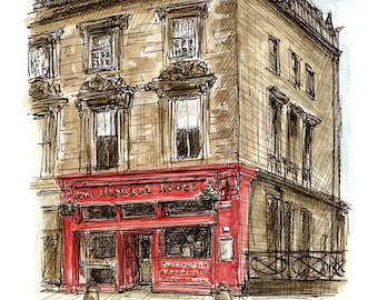 The Elephant House coffee shop in Edinburgh, Scotland. A high quality signed print of an original ink and watercolour sketch.