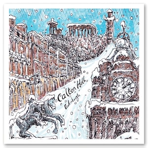 Neve su Calton Hill, Edimburgo, Scozia - Un biglietto di auguri quadrato singolo 14 cm x 14 cm con busta bianca e manica riciclabile.