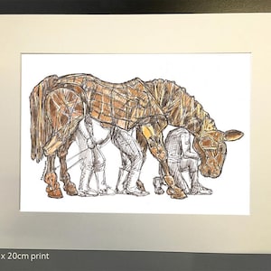 May include: A black and white line drawing of a horse puppet being operated by three people. The horse is brown and has a saddle and bridle. The people are wearing simple clothing and are holding the horse's reins and legs.