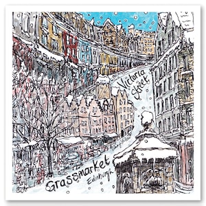 Neve su Grassmarket e Victoria Street, Edimburgo, Scozia - Un biglietto di auguri quadrato singolo 14 cm x 14 cm con busta e manica bianche.
