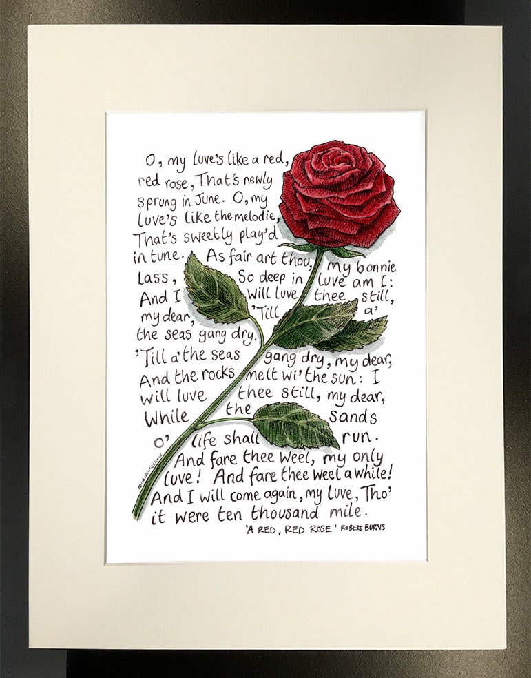 A Red Red Rose by Robert Burns. A Mounted Signed Print From