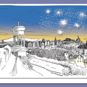 Cartolina di Natale di Edimburgo con fuochi d'artificio sullo skyline di Edimburgo