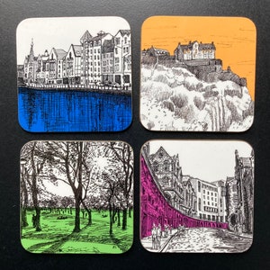 Set of four colourful Edinburgh Illustrated Coasters featuring the Meadows, Edinburgh Castle, Victoria Street and Leith