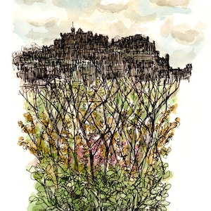 Edinburgh Castle from the Royal Edinburgh Botanical Gardens. A mounted signed print of an original ink and watercolour sketch.