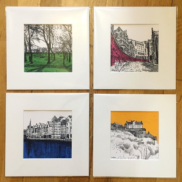 Four Edinburgh prints from original ink drawings, with a strong colour. Each is signed and mounted, and created in Edinburgh. Scotland