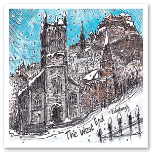 Neve nel West End, Edimburgo, Scozia - Un biglietto d'auguri quadrato singolo 14 cm x 14 cm con busta bianca e manica riciclabile.