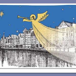 Cartolina di Natale di Edimburgo con un angelo sopra Leith a Edimburgo