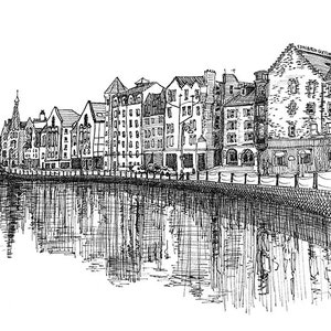 The Shore em Leith, Edimburgo. Uma impressão assinada a partir de um esboço a tinta. Fornecida com suporte e capa protetora.