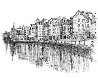 The Shore in Leith, Edinburgh. A signed print from an ink sketch. Supplied in a mount and protective sleeve.