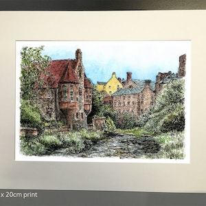 Dean Village e Water of Leith em Edimburgo, Escócia. Uma impressão assinada de alta qualidade a partir de uma pintura em tinta e aquarela.