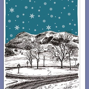 Cartolina di Natale di Edimburgo con neve sopra Arthur's Seat