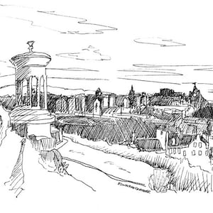 Une esquisse de paysage de la ligne d'horizon d'Édimbourg depuis Calton Hill. Réalisée à l'encre noire, il s'agit d'une impression signée dans un passe-partout.