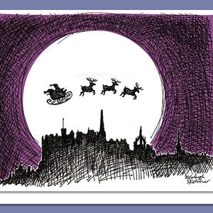 Cartolina di Natale di Edimburgo con Babbo Natale sullo skyline di Edimburgo