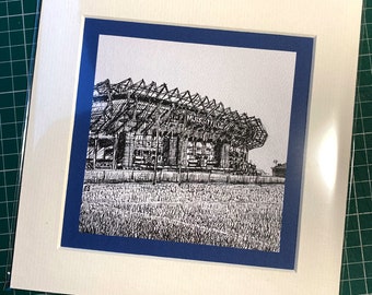 Murrayfield Stadium, Edinburgh, Scotland from an ink drawing. Signed print in a mount and protective sleeve.