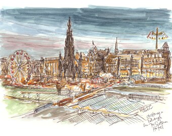 Edinburgh's Christmas. Signed print of ink sketch with watercolour.