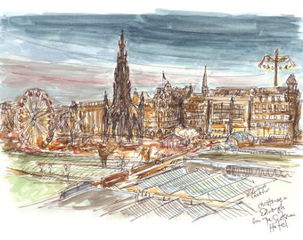 Edinburgh's Christmas. Signed print of ink sketch with watercolour.