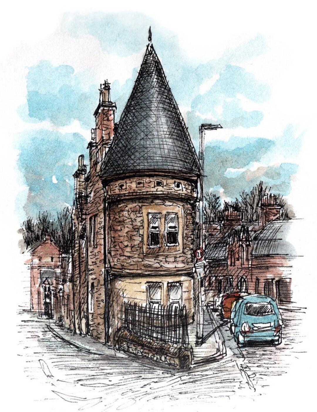 Sunbury Mews, Near Dean Village, Edinburgh. A Mounted Signed Print of