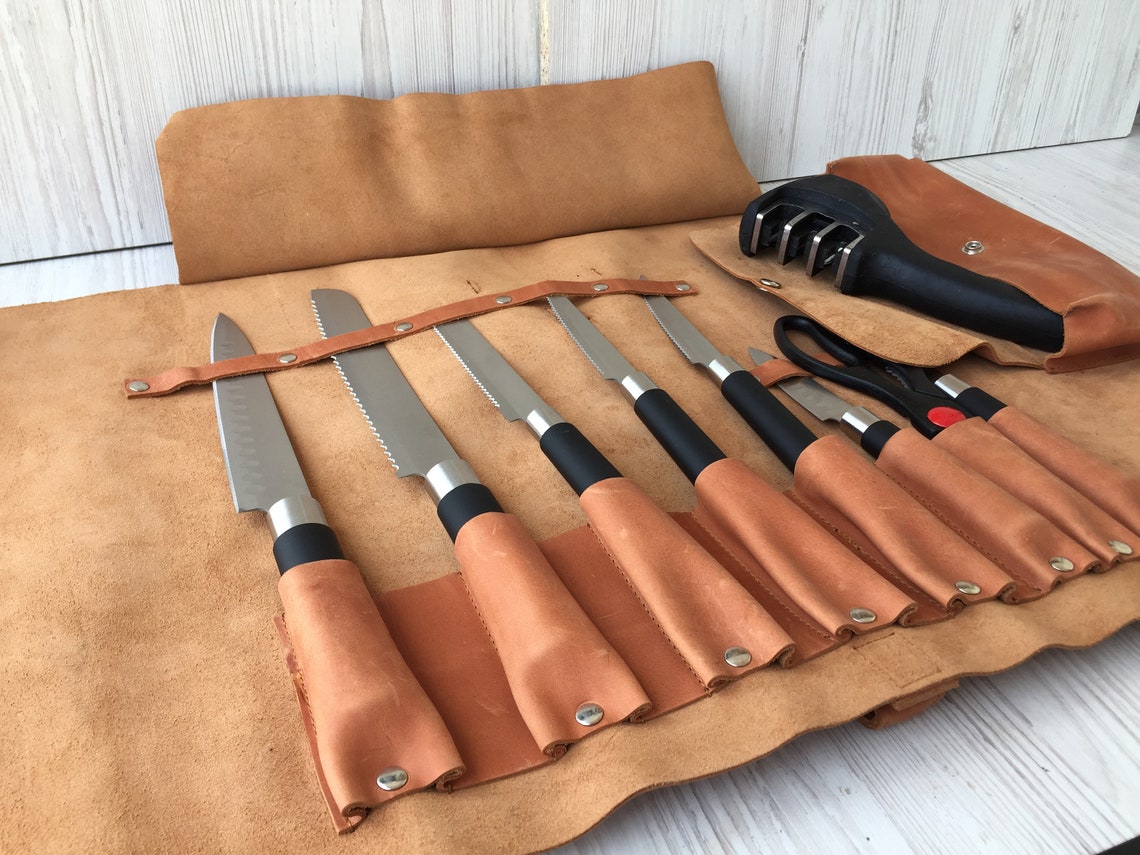 Leather knife roll Chef's knife roll by Extra tall 8 Slot Etsy
