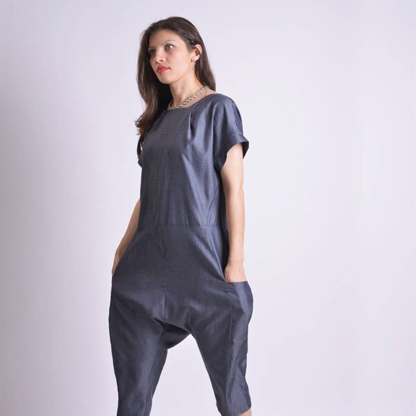 Drop Crotch Denim Jumpsuit in Blue