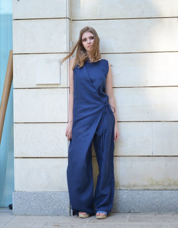 navy blue linen jumpsuit