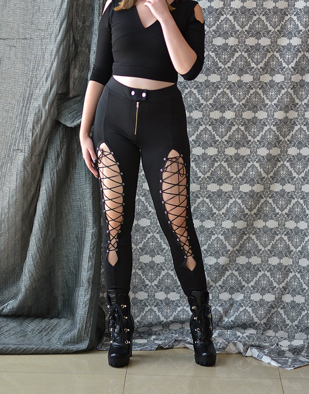 Gothic Leggings, Black Lace up Leggings, Festival Leggings -  Norway