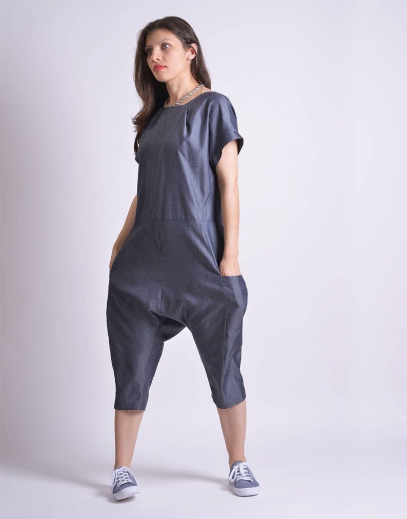 Blue Denim Jumpsuit Casual Drop Crotch Pants Etsy