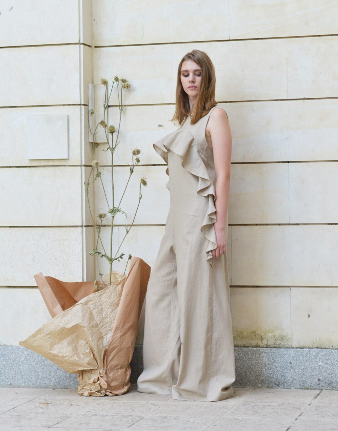 Sleeveless Linen Jumpsuit Beige Plus Size Jumpsuit Wedding - Etsy