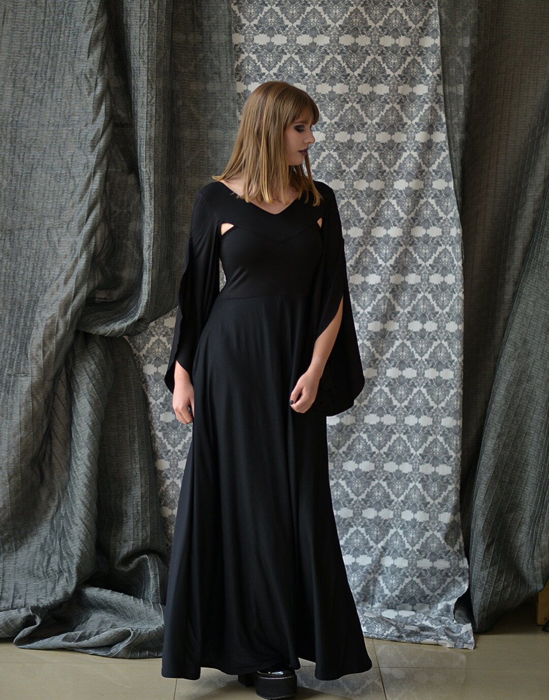 Vampire Black Dress Morticia Vneck Dress Flare Sleeve Dress Etsy