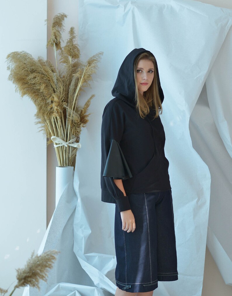 Ruffle Top Hooded Sweatshirt Asymmetrical Sleeves Black Hoodie Leather Top