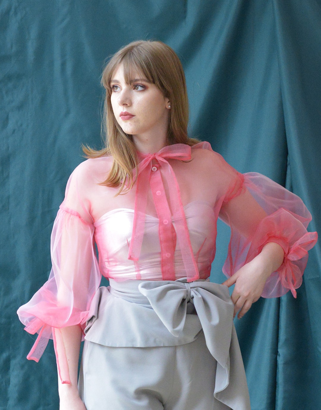 Pink See Through Organza Blouse Puff Sleeve Shirt - Etsy