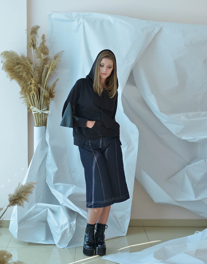 Ruffle Top Hooded Sweatshirt Asymmetrical Sleeves Black Hoodie Leather Top