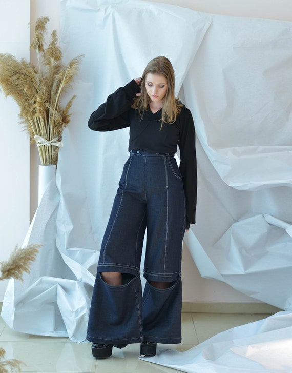 Denim High Waisted Pants Wide Leg 