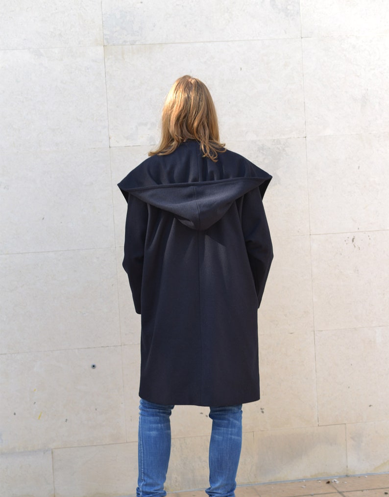 Beige Wool Cardigans Kimono Coats Dark Blue Coat Oversize Coat Winter Hooded Coat