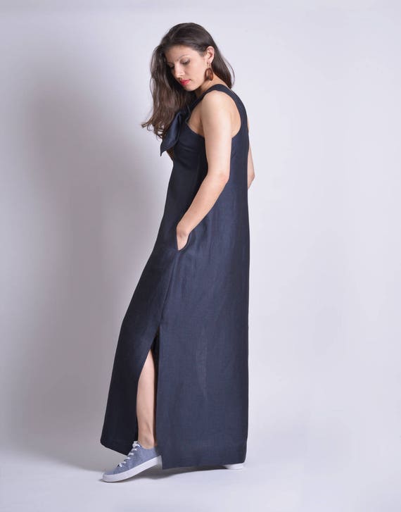 navy linen maxi dress