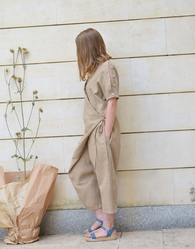 Linen Jumpsuit Harem Linen Overall Summer Wrap Jumpsuit Etsy