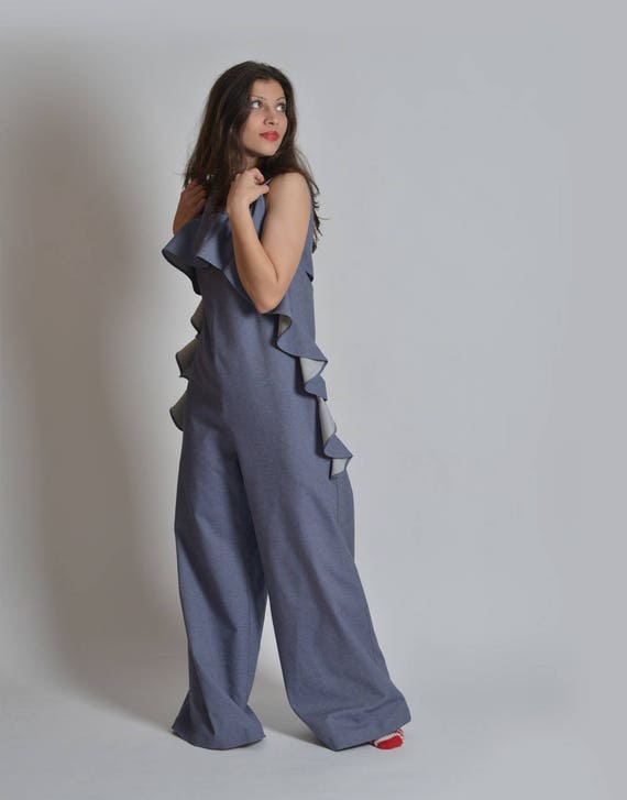 wide leg denim romper
