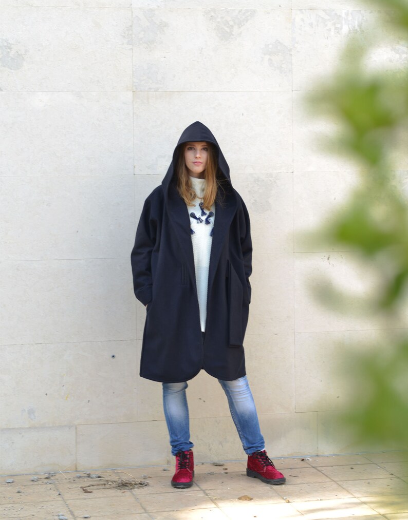 Beige Wool Cardigans Kimono Coats Dark Blue Coat Oversize Coat Winter Hooded Coat