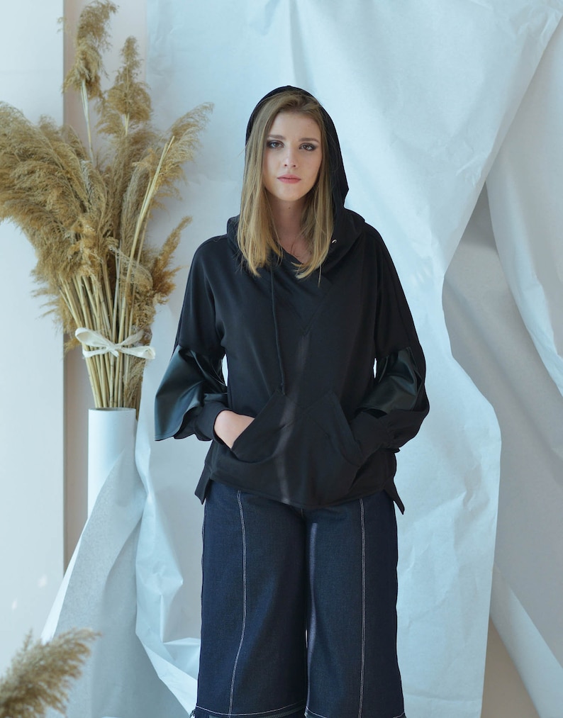 Ruffle Top Hooded Sweatshirt Asymmetrical Sleeves Black Hoodie Leather Top