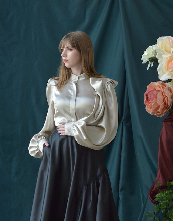 Satin Elegant Shirt Victorian Blouse With Ribbon Christmas - Etsy